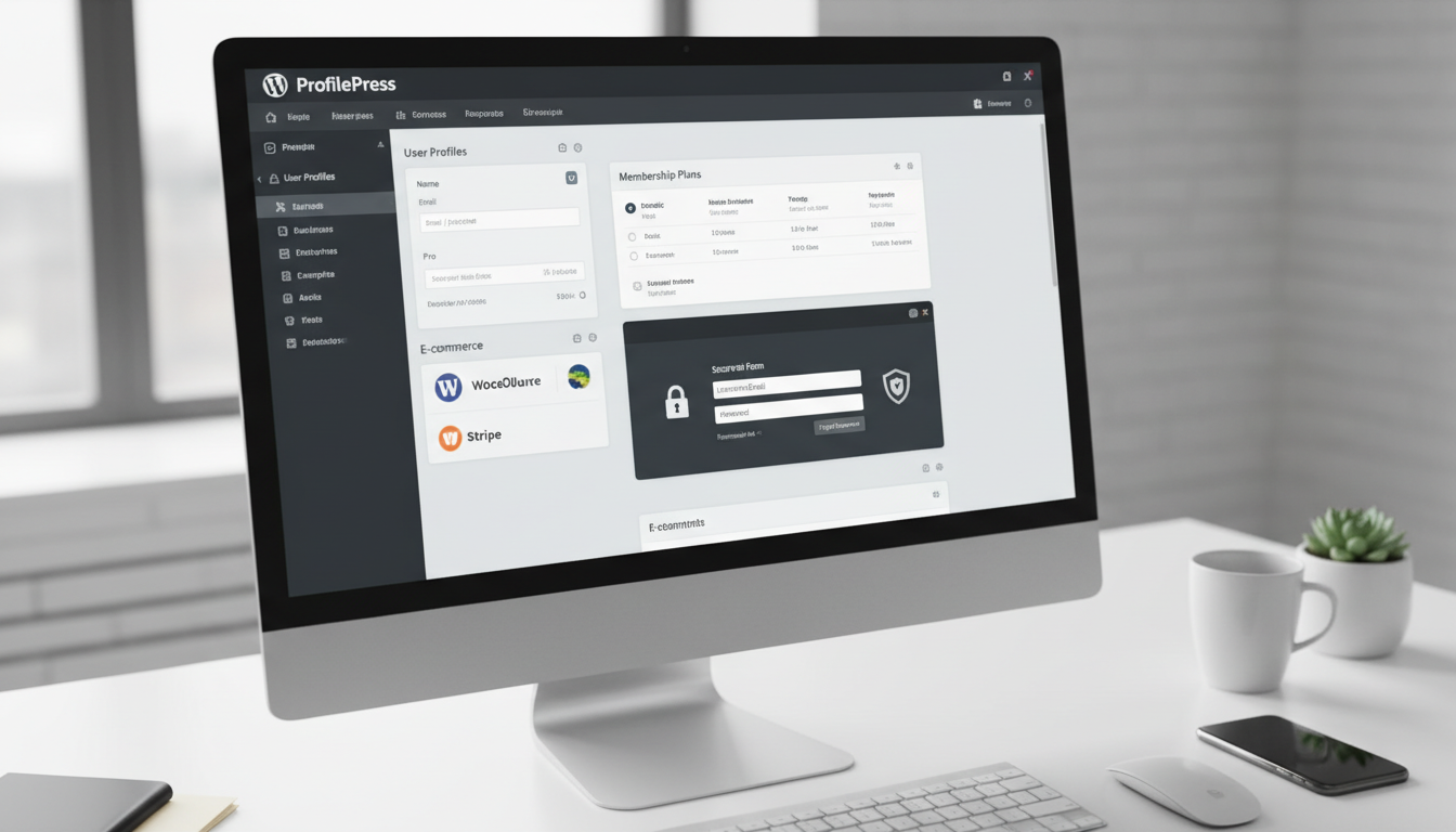 Dashboard do ProfilePress 4.16.12 com opções de membresia, e-commerce, perfis e segurança
