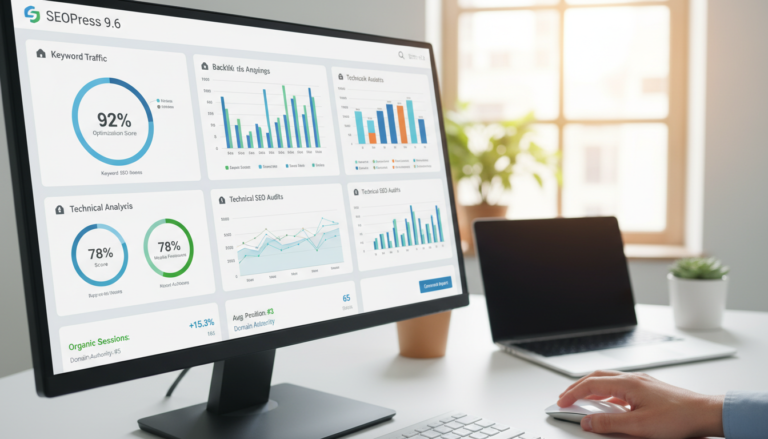 Painel de controle do SEOPress 9.6 com dados de SEO e análise de site