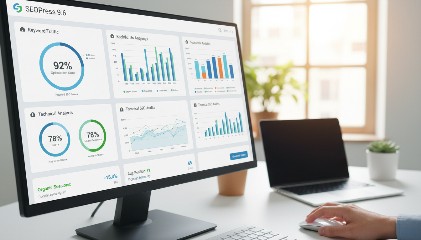 Painel de controle do SEOPress 9.6 com dados de SEO e análise de site