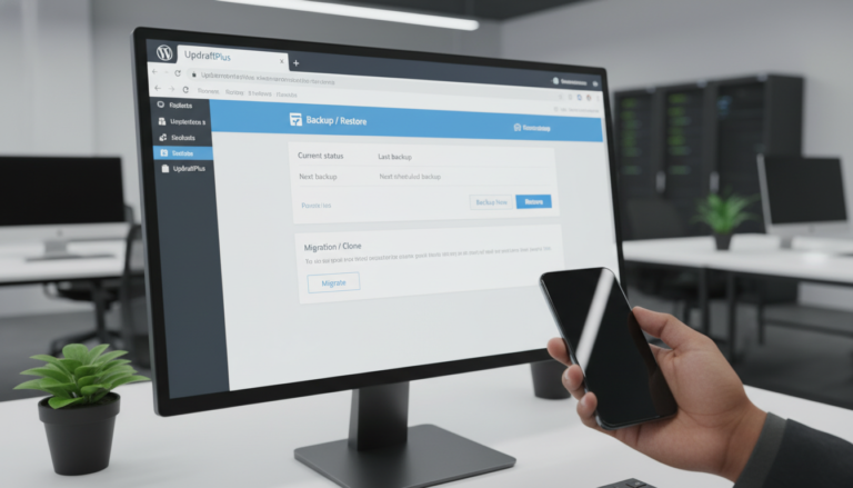 Interface do UpdraftPlus 1.26.2 no WordPress com opções de backup, restauração e migração visíveis