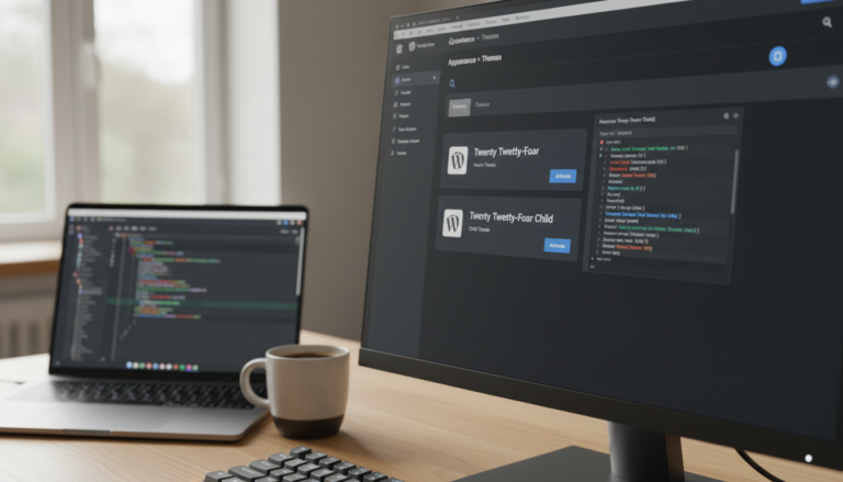 Dashboard do WordPress exibindo tema filho e tema pai