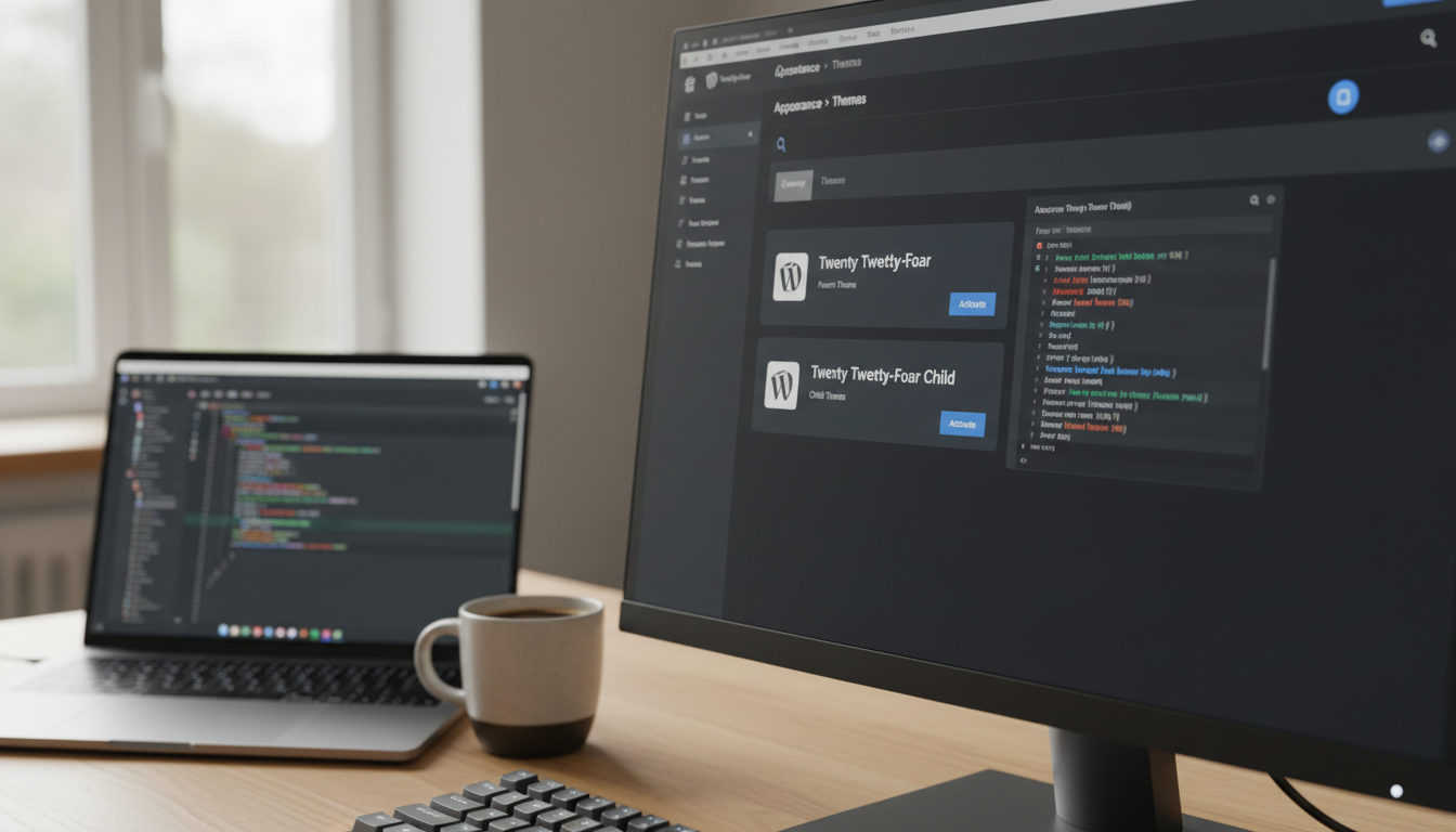 Dashboard do WordPress exibindo tema filho e tema pai