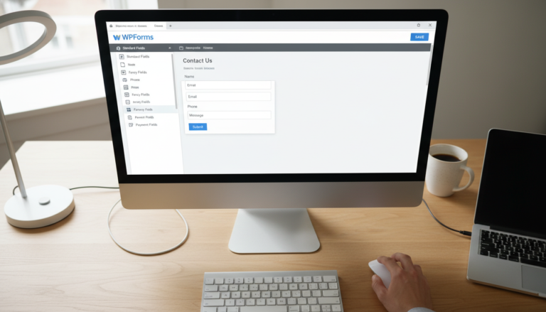 Tela de computador exibindo o construtor de formulários do WPForms 1.10.0.1 com elementos de interface otimizados e um mouse próximo.