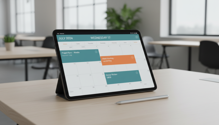 Tablet exibindo a interface do Amelia 2.1.1 com agendamentos coloridos e eventos organizados