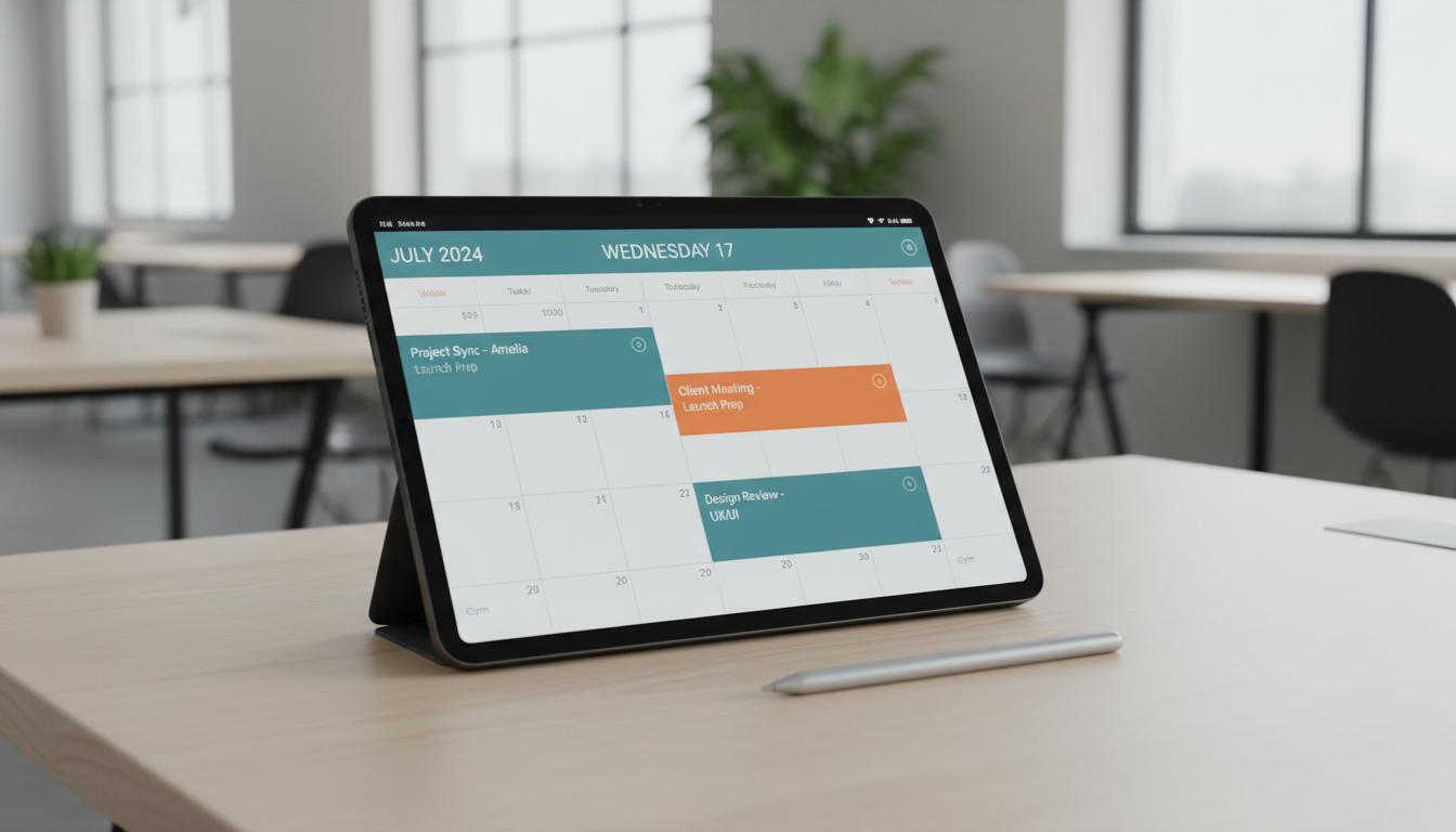 Tablet exibindo a interface do Amelia 2.1.1 com agendamentos coloridos e eventos organizados