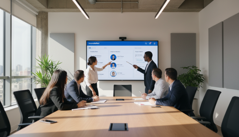 Painel de intranet WordPress exibido em tela grande em um ambiente de escritório com equipe trabalhando em conjunto