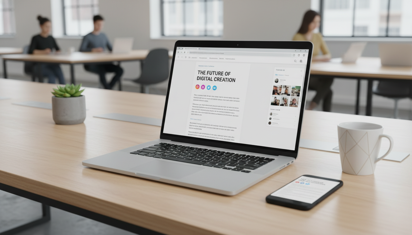 Tela de laptop exibindo um tema WordPress com ícones de redes sociais integrados