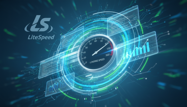 Gráfico de velocidade de site com o logo LiteSpeed Cache 7.8, indicando otimização e carregamento rápido.