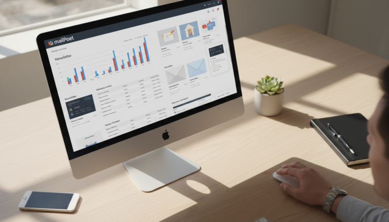 Dashboard do MailPoet 5.22.0 com gráficos de email marketing e modelo de newsletter