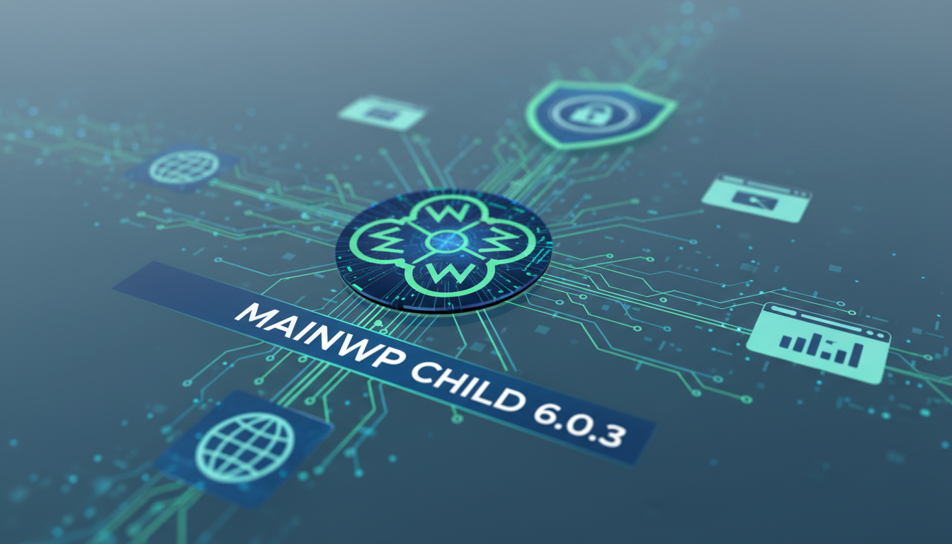 Ícone do MainWP Child 6.0.3 com linhas de conexão segura para múltiplos sites e um dashboard principal, simbolizando gerenciamento centralizado.