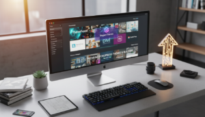 Interface de computador mostrando os melhores marketplaces para comprar temas WordPress, com ícones de plataformas como ThemeForest, Elegant Themes e StudioPress, simbolizando escolha e qualidade.