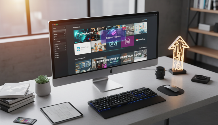 Interface de computador mostrando os melhores marketplaces para comprar temas WordPress, com ícones de plataformas como ThemeForest, Elegant Themes e StudioPress, simbolizando escolha e qualidade.