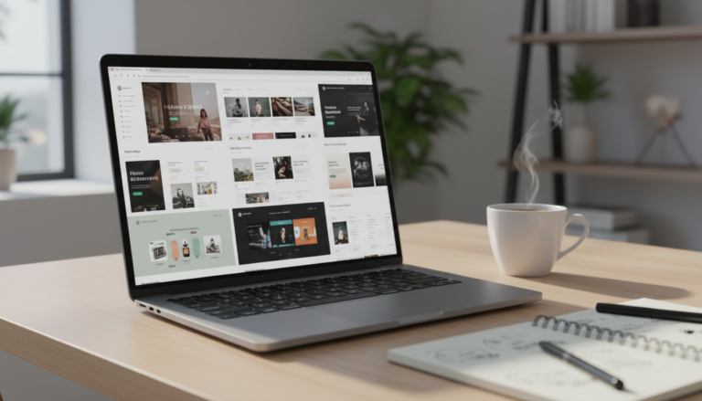 Tela de laptop exibindo os 10 melhores temas WordPress gratuitos de 2024, com design moderno e responsivo.