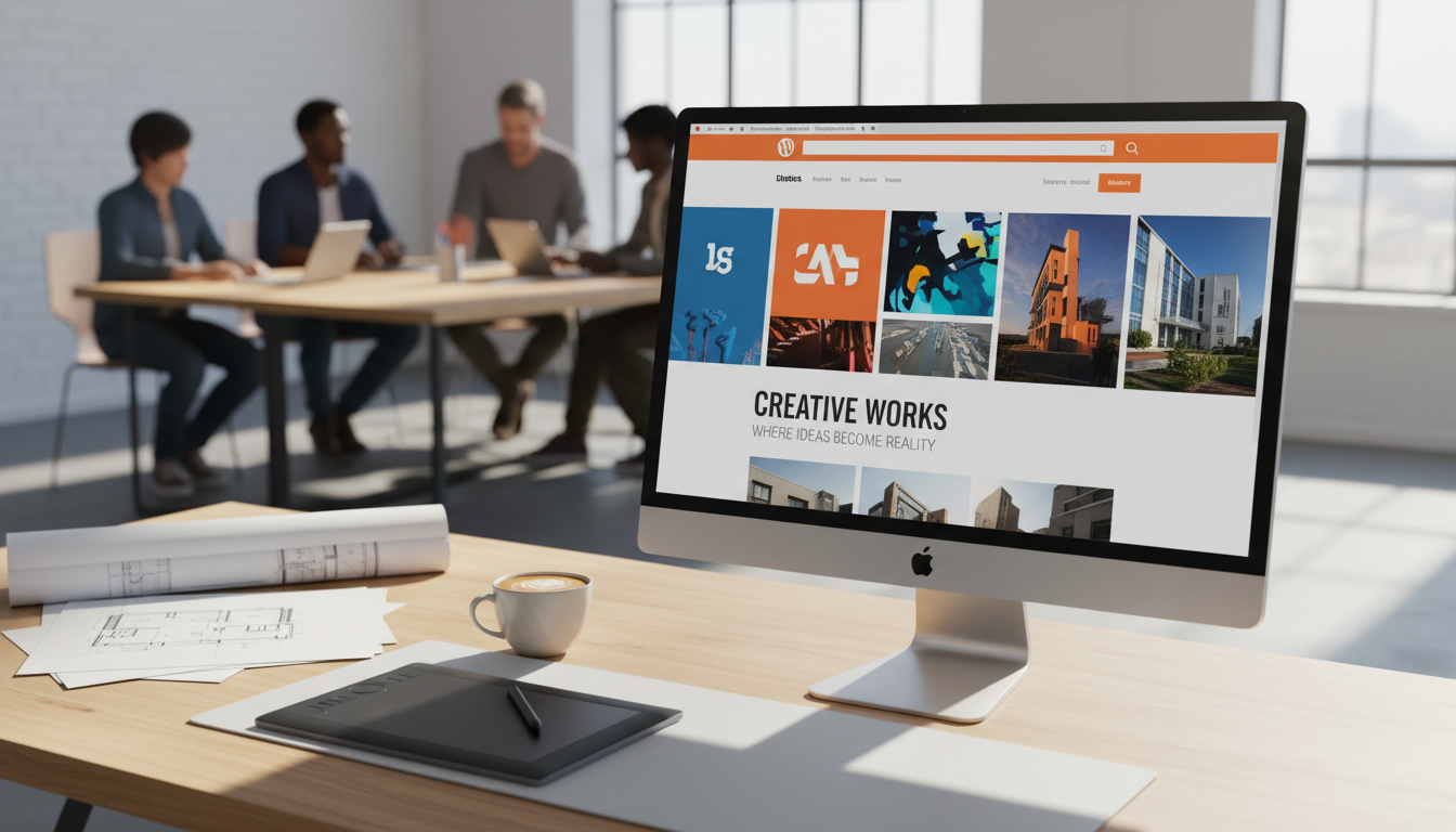 Tela de computador com tema WordPress para agência criativa, portfólio digital, design web profissional