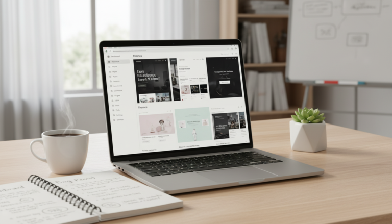 Tela de laptop mostrando opções dos melhores temas WordPress para blog