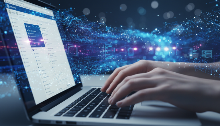 Mãos digitando em laptop, interface WordPress, migração de site, transferência de dados para novo servidor