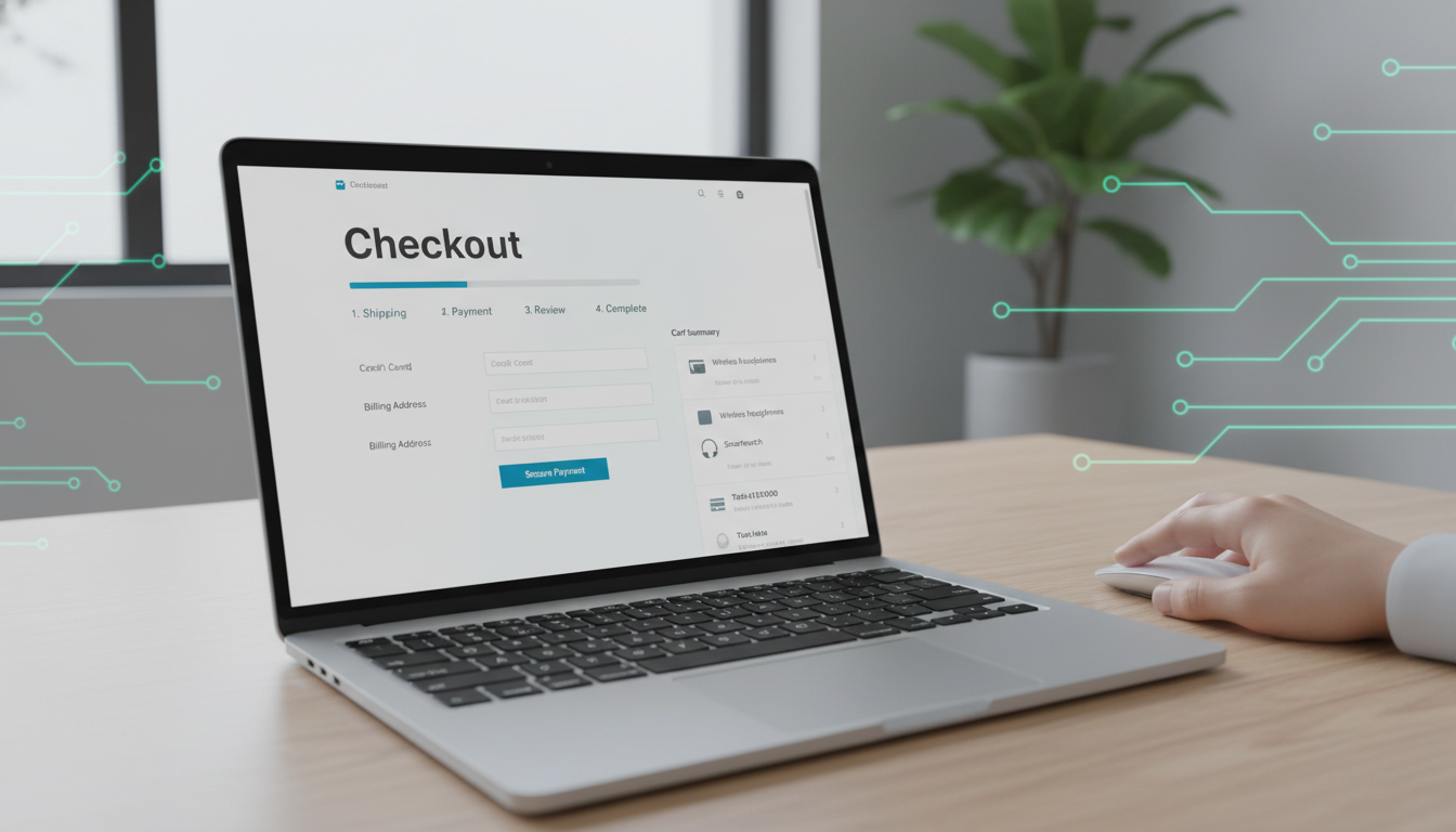 Tela de checkout multi-passos do WooCommerce 2.3.3 em laptop, mostrando otimização e design moderno.