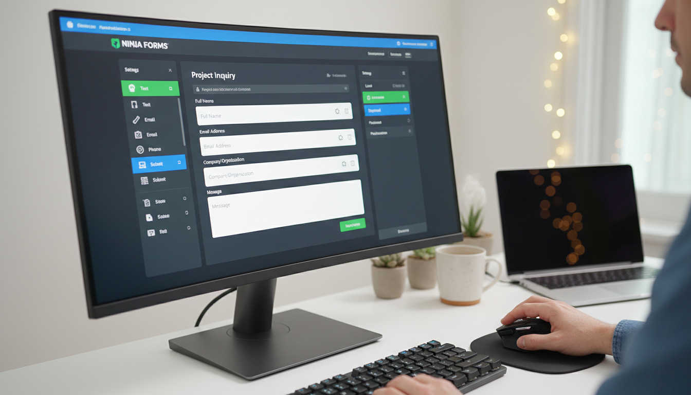 Interface de edição de formulários do Ninja Forms 3.14.2 com campos de entrada e opções de configuração visíveis em uma tela de computador.