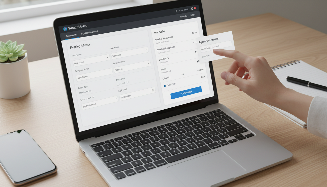 Tela de laptop exibindo o plugin Checkout Field Manager 7.8.8 do WooCommerce, com campos de checkout sendo personalizados via drag-and-drop.