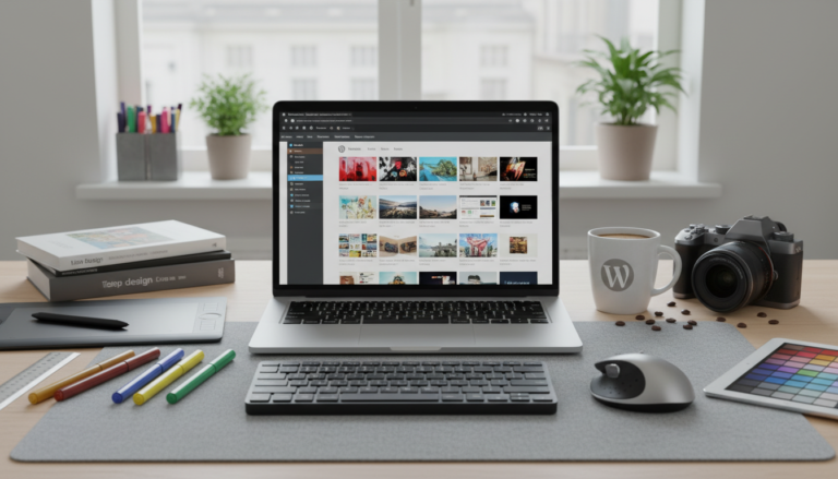 Mesa de trabalho com laptop mostrando WordPress e dicas de otimização de imagens