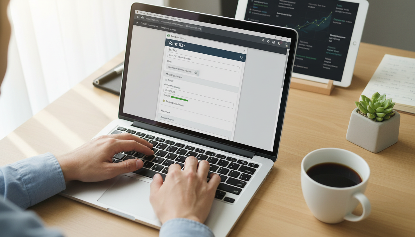 Mãos digitando em laptop com WordPress e configurações de Otimização Básica de SEO no WordPress