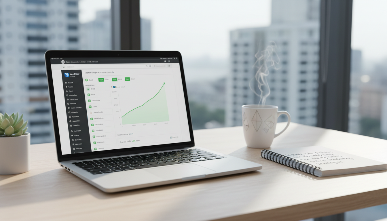 Dashboard WordPress com plugin de SEO e gráficos de crescimento de tráfego