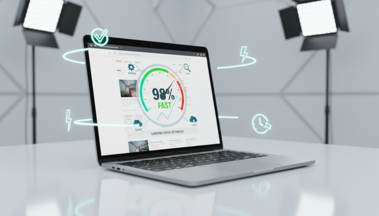 Laptop com site WordPress rápido, gráficos de velocidade e ícones de otimização