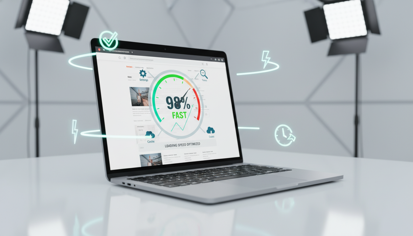 Laptop com site WordPress rápido, gráficos de velocidade e ícones de otimização