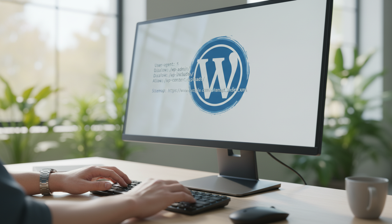 Captura de tela de um arquivo robots.txt com código e o logo do WordPress, representando a otimização para motores de busca.