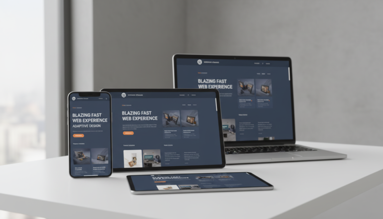 Site WordPress responsivo em smartphone, tablet e laptop, demonstrando Temas WordPress Mobile-First