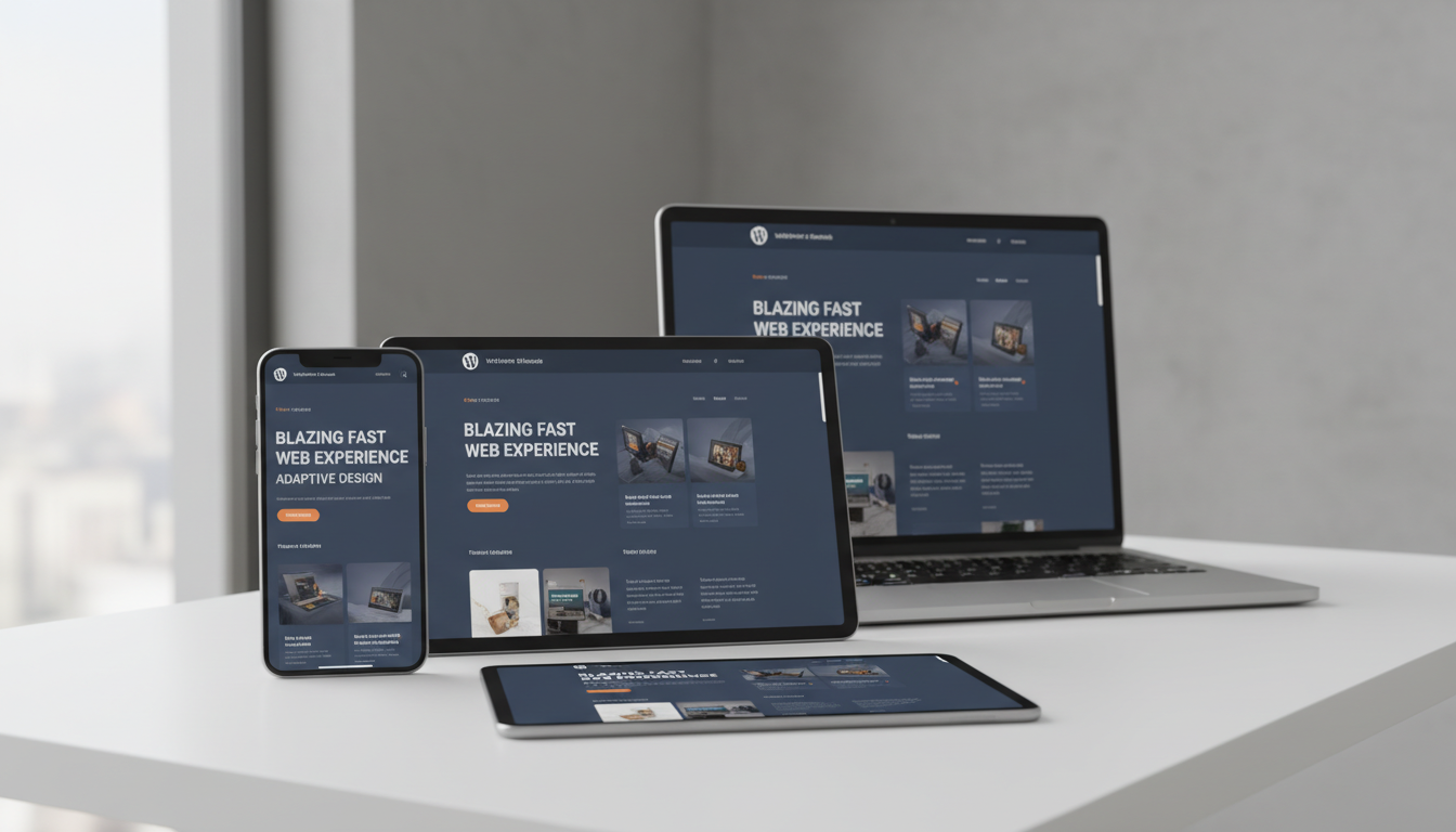 Site WordPress responsivo em smartphone, tablet e laptop, demonstrando Temas WordPress Mobile-First