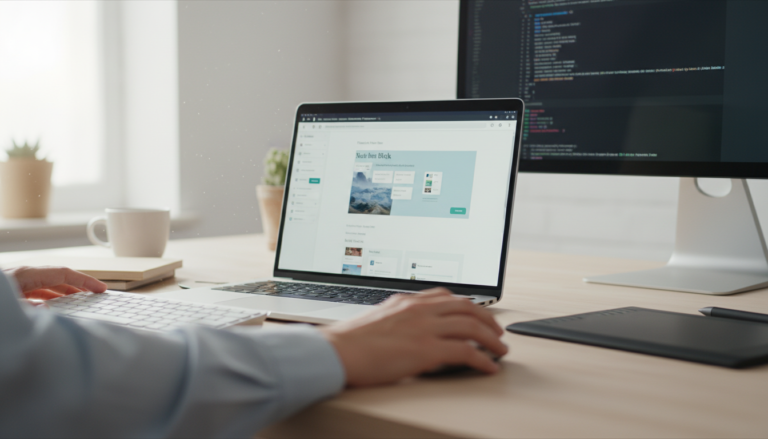 Mãos digitando em laptop com tela mostrando construtor de páginas WordPress e tema otimizado
