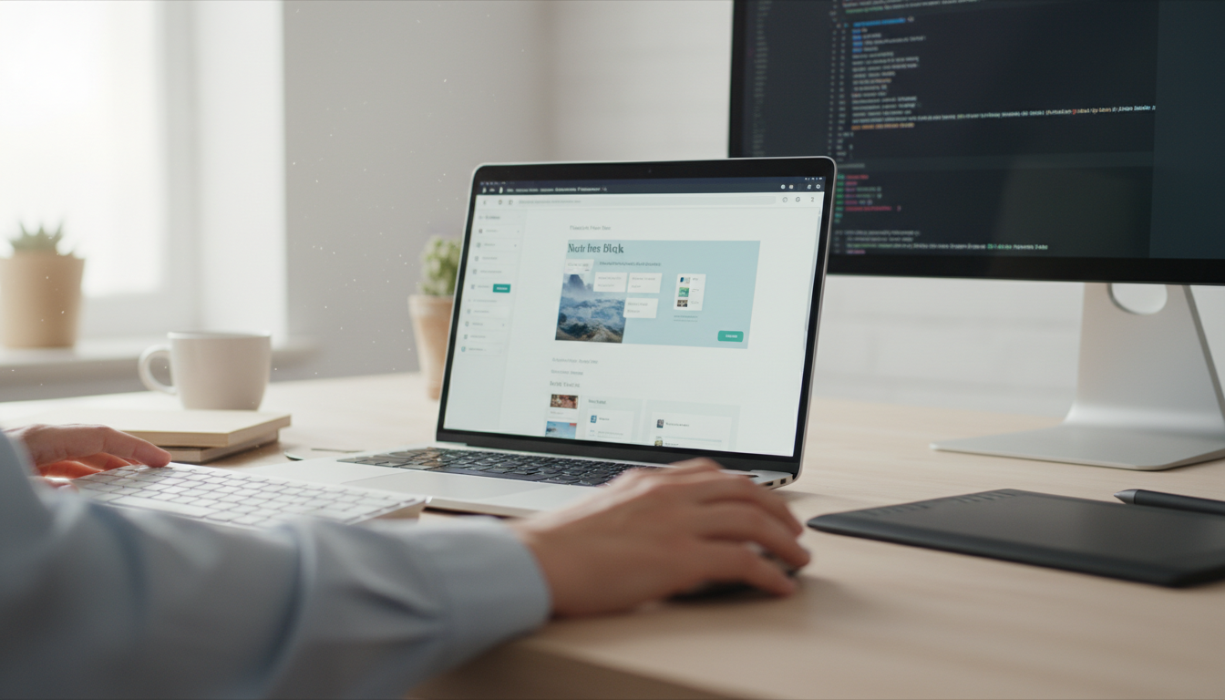 Mãos digitando em laptop com tela mostrando construtor de páginas WordPress e tema otimizado