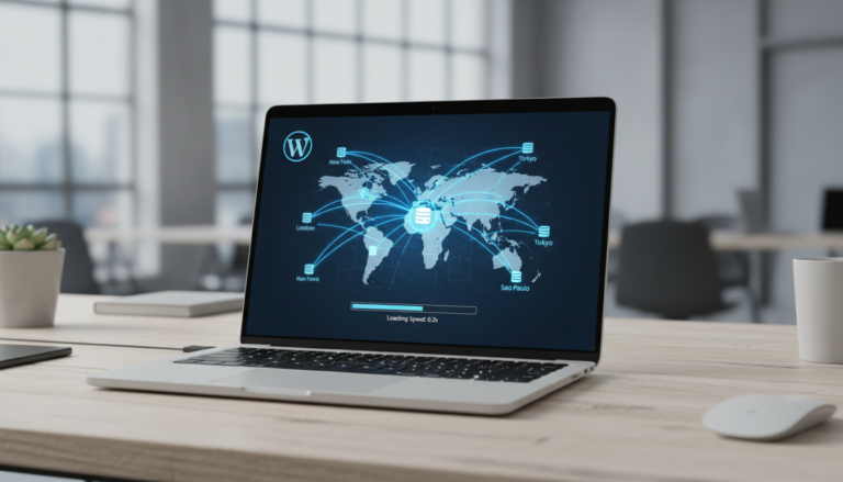 Laptop exibindo um site WordPress rápido conectado a uma rede global de servidores CDN, simbolizando otimização de performance e alcance mundial.