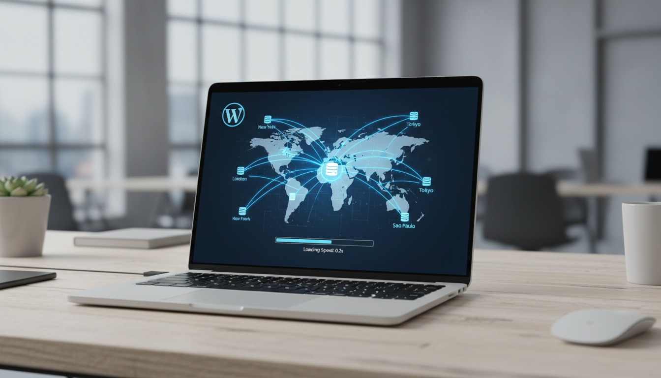 Laptop exibindo um site WordPress rápido conectado a uma rede global de servidores CDN, simbolizando otimização de performance e alcance mundial.