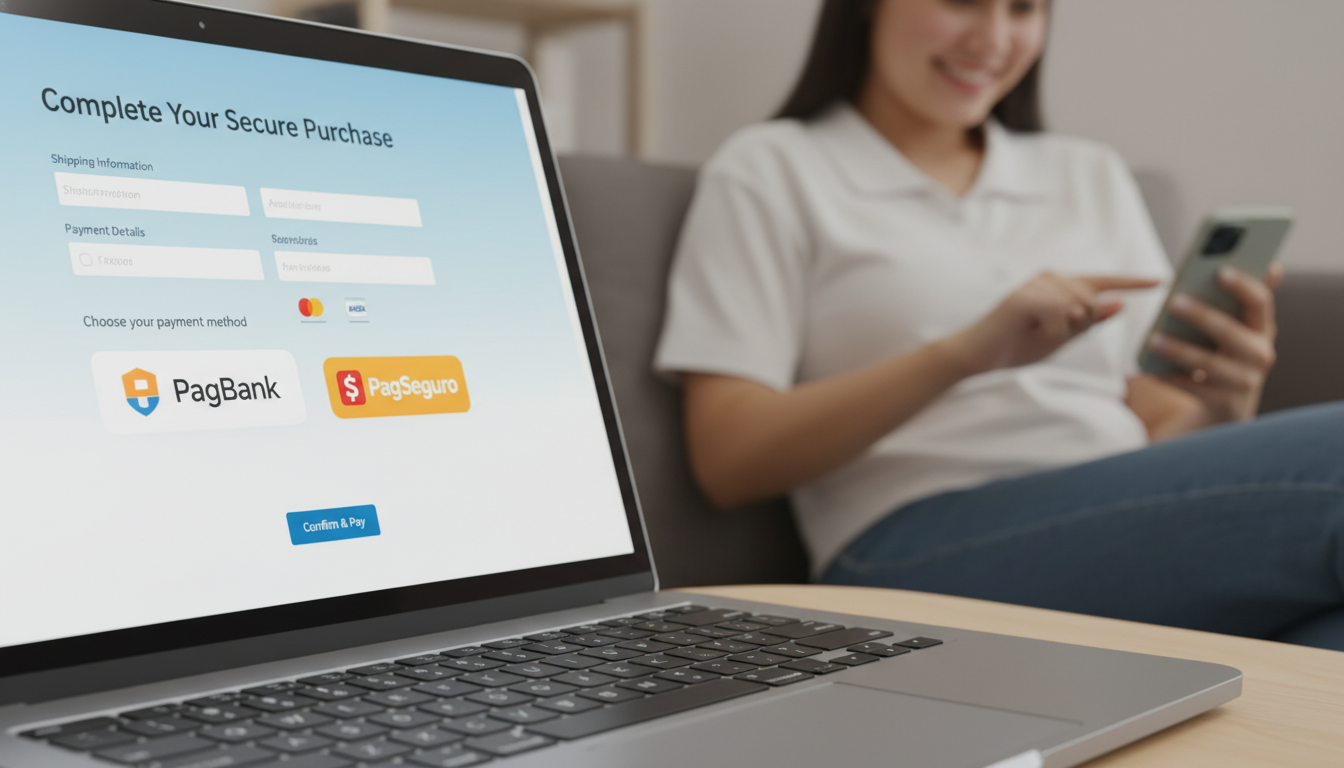 Interface de pagamento PagBank/PagSeguro Connect 4.52.0 no WooCommerce em um laptop, com cliente usando celular.