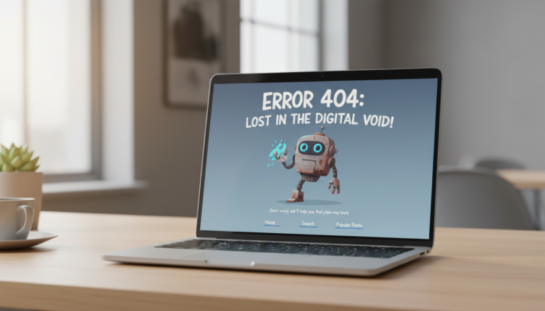 Página 404 personalizada WordPress com design criativo e links úteis.