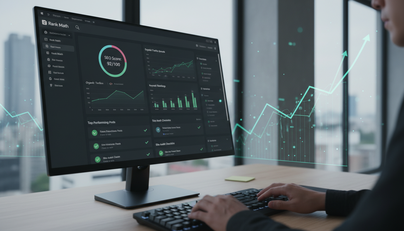 Interface do Rank Math SEO 1.0.266.1 com gráficos de performance e pontuações de SEO