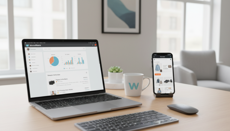 Interface do WooCommerce em laptop e celular, ideal para pequenos negócios