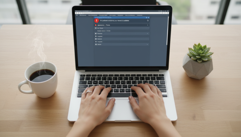 Mãos digitando em laptop com tela do WordPress mostrando alerta de atualização de tema