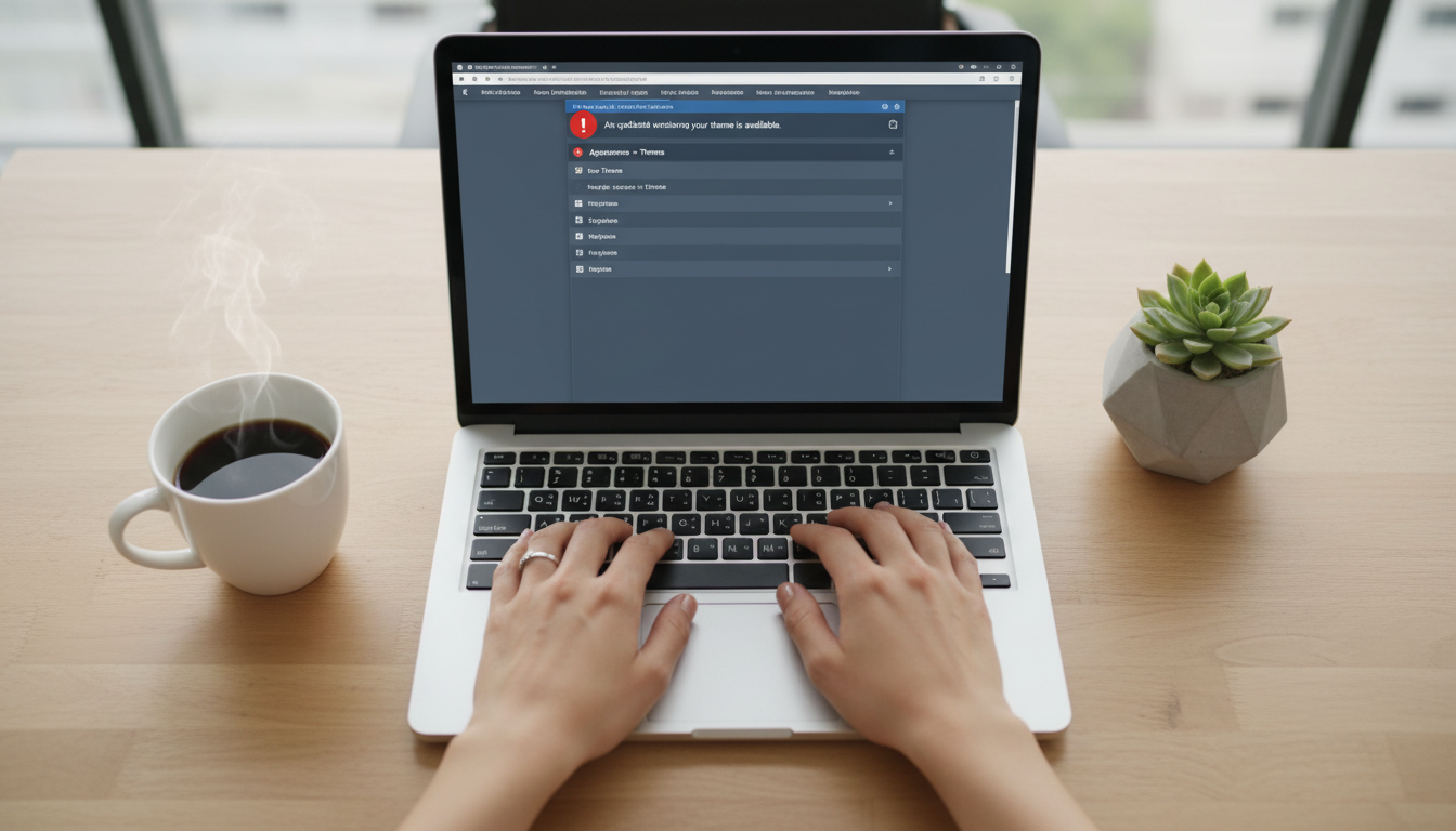 Mãos digitando em laptop com tela do WordPress mostrando alerta de atualização de tema