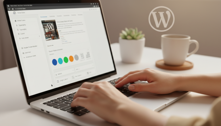 Mãos personalizando tema WordPress, customizador de cores e fontes