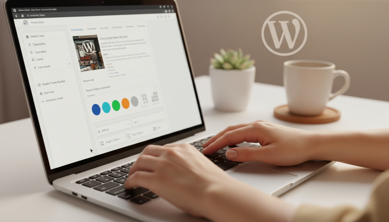 Mãos personalizando tema WordPress, customizador de cores e fontes
