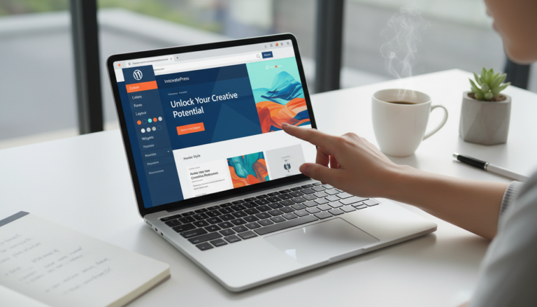 Imagem de um tablet exibindo opções de personalização de um tema WordPress, com paletas de cores e configurações de layout.