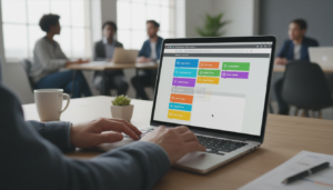 Mãos usando um laptop para arrastar e soltar widgets em um site WordPress, com foco na tela de personalização de barras laterais e rodapés.