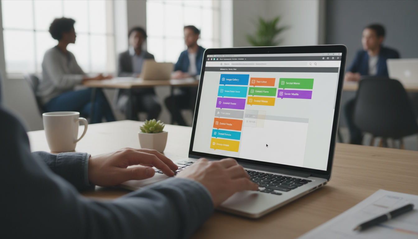 Mãos usando um laptop para arrastar e soltar widgets em um site WordPress, com foco na tela de personalização de barras laterais e rodapés.