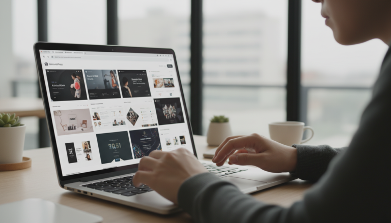 Mãos sobre teclado de notebook com temas WordPress na tela, processo de seleção