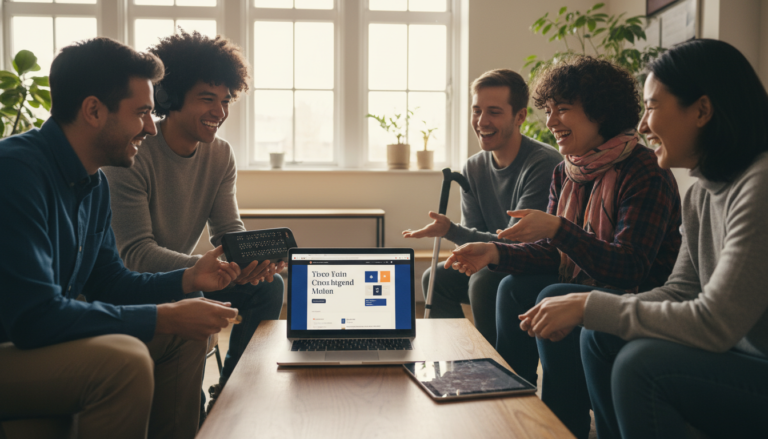 Pessoas com deficiência e sem deficiência usando um site acessível em dispositivos modernos