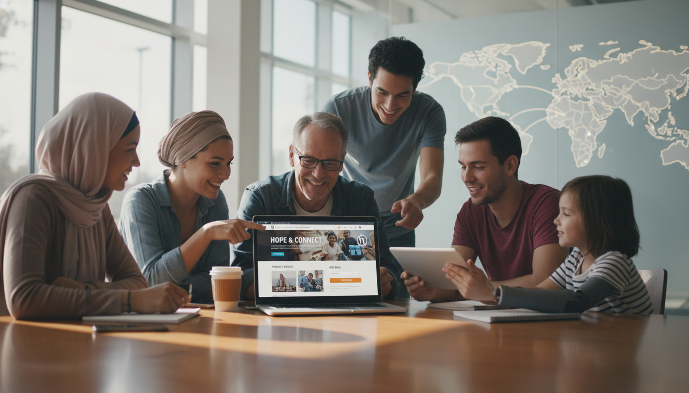 Voluntários e beneficiários visualizando um site WordPress otimizado para ONG, com formulário de doação e projetos, refletindo o uso de Temas WordPress para ONGs e Instituições.