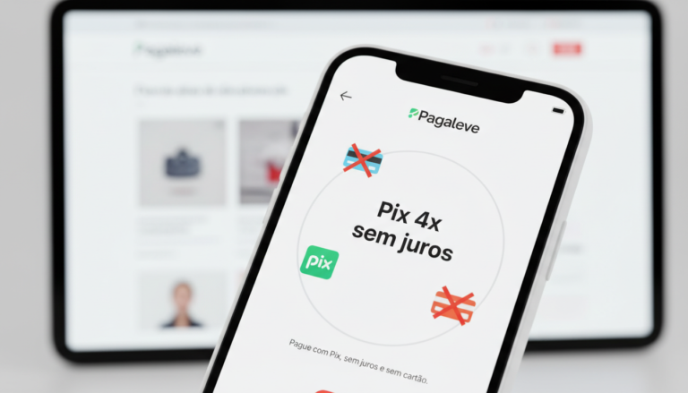 Smartphone com app Pagaleve exibindo Pix 4x sem juros, versão 1.7.0, e ícones de pagamento digital